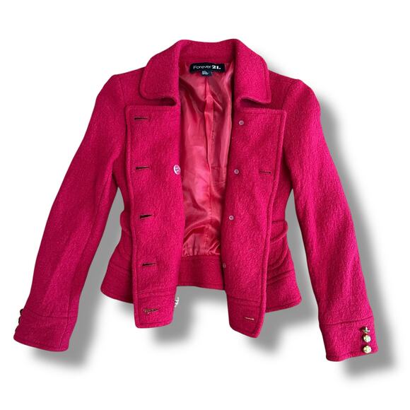 Y2K Forever 21 Red Military Jacket Small Wool Blend Cropped Blazer Gold Buttons - Picture 5 of 8